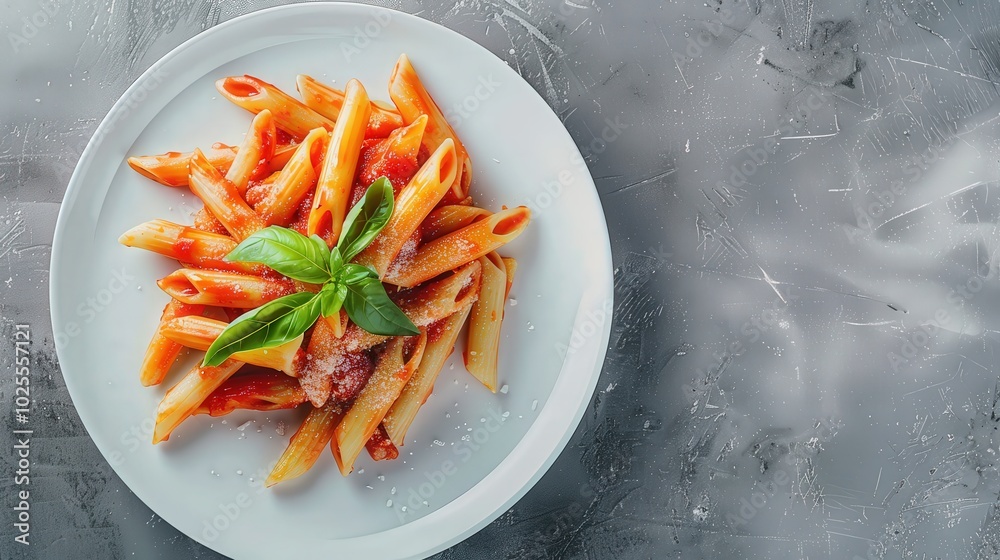Top View Penne Pasta with Roasted Tomato, Mozzarella, and Tomato Sauce on White Plate Top View Penne Pasta with Roasted Tomato, Mozzarella, and Tomato Sauce on White Plate