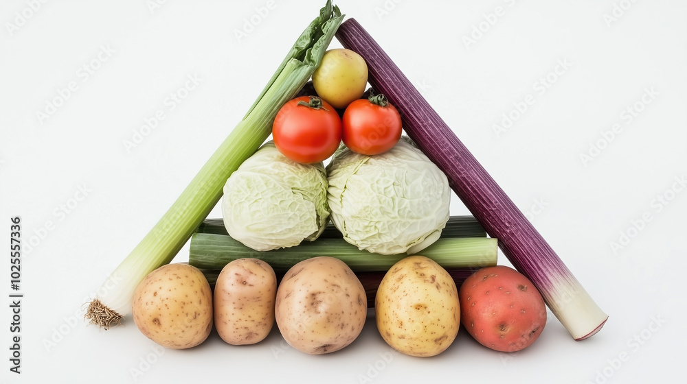 Colorful Triangle Pyramid of Fresh Vegetables Including Cabbage, Tomato, Potato, Leek, and Rhubarb Isolated on a Clean White Background Colorful Triangle Pyramid of Fresh Vegetables Including Cabbage, Tomato, Potato, Leek, and Rhubarb Isolated on a Clean White Background