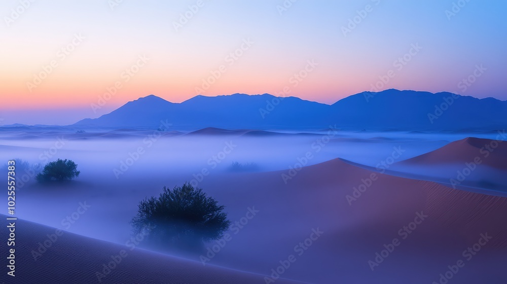 Fototapeta premium A foggy desert scene at dusk, with the last light of the day casting a soft glow over the mist-covered dunes