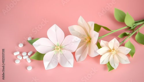 Close up of three fondant flowers with leaves on a pink background