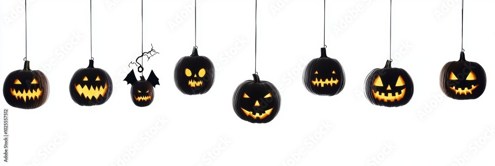 Halloween holiday carved pumpkin hanged over white background Halloween holiday carved pumpkin hanged over white background
