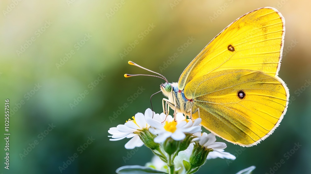 Golden butterfly resting on a flower, closeup, sunlight gently highlighting the delicate wings, serene Golden butterfly resting on a flower, closeup, sunlight gently highlighting the delicate wings, serene