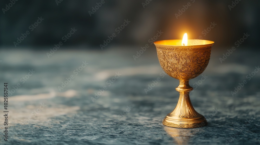 Golden chalice on an altar, side shot, candlelight softly illuminating the intricate carvings, ancient feel Golden chalice on an altar, side shot, candlelight softly illuminating the intricate carvings, ancient feel