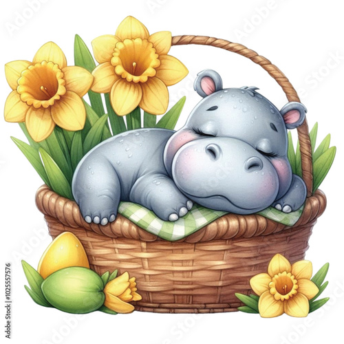 Cute hippopotamus with Flower clipart watercolor photo