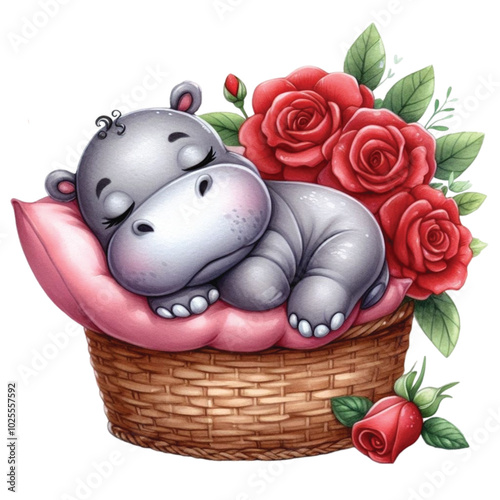 Cute hippopotamus with Flower clipart watercolor photo