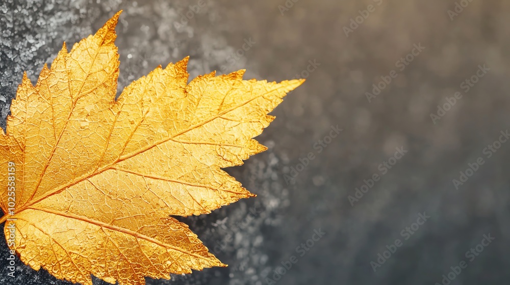 Closeup of golden leaf frozen in ice, sunlight reflecting off both surfaces, clear crisp air, delicate detail Closeup of golden leaf frozen in ice, sunlight reflecting off both surfaces, clear crisp air, delicate detail