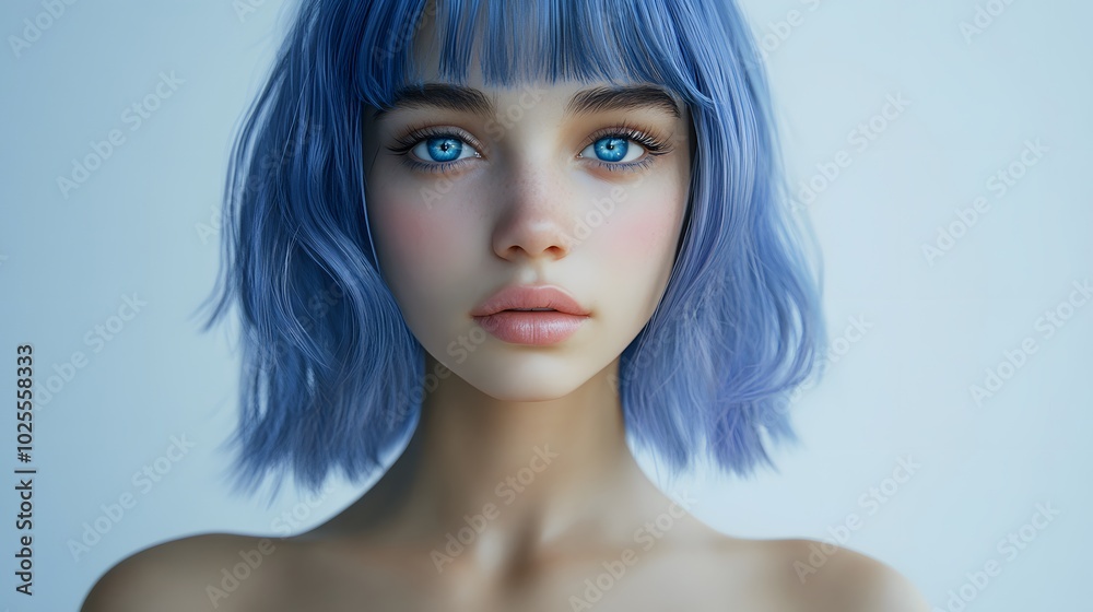 A captivating portrait of a young woman with blue hair and striking blue eyes, showcasing a soft and expressive facial appearance. A captivating portrait of a young woman with blue hair and striking blue eyes, showcasing a soft and expressive facial appearance.