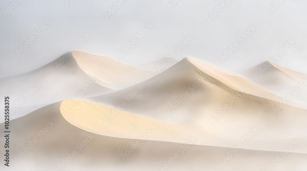 Fototapeta premium A series of sand dunes gradually disappearing into a dense fog, with the soft curves of the desert barely visible through the mist