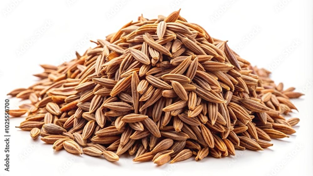 A mound of small, brown, elongated seeds with a subtle texture, creating a visually appealing contrast against a stark white background. A mound of small, brown, elongated seeds with a subtle texture, creating a visually appealing contrast against a stark white background.