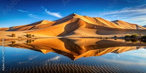 Fototapeta Naklejka Na Ścianę i Meble -  Desert landscape with endless sand dune reflecting on the water