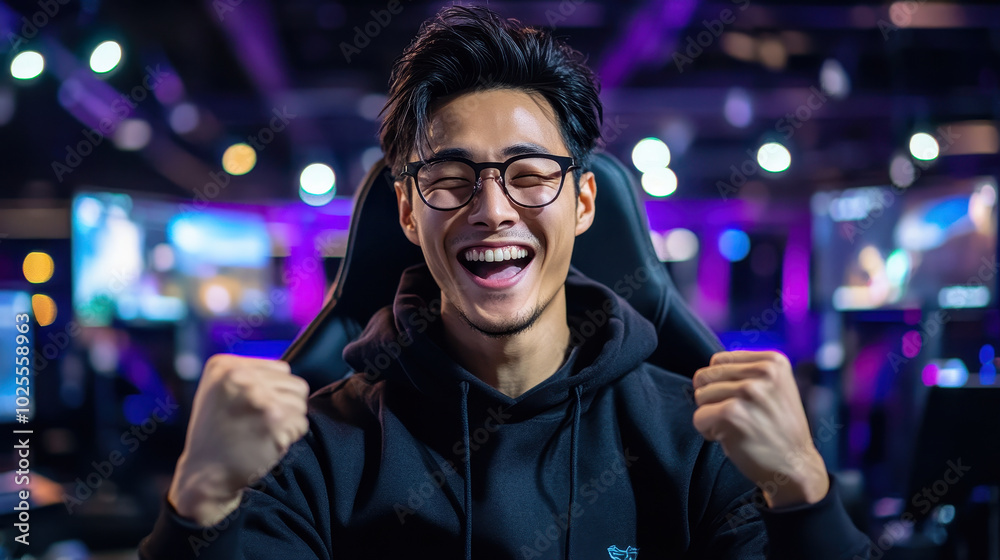 Ecstatic gamer celebrating victory with joyful expression in gaming environment, surrounded by screens and vibrant lights Ecstatic gamer celebrating victory with joyful expression in gaming environment, surrounded by screens and vibrant lights