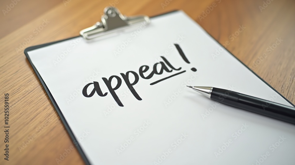 Appeal written on clipboard paper with black pen beside Appeal written on clipboard paper with black pen beside