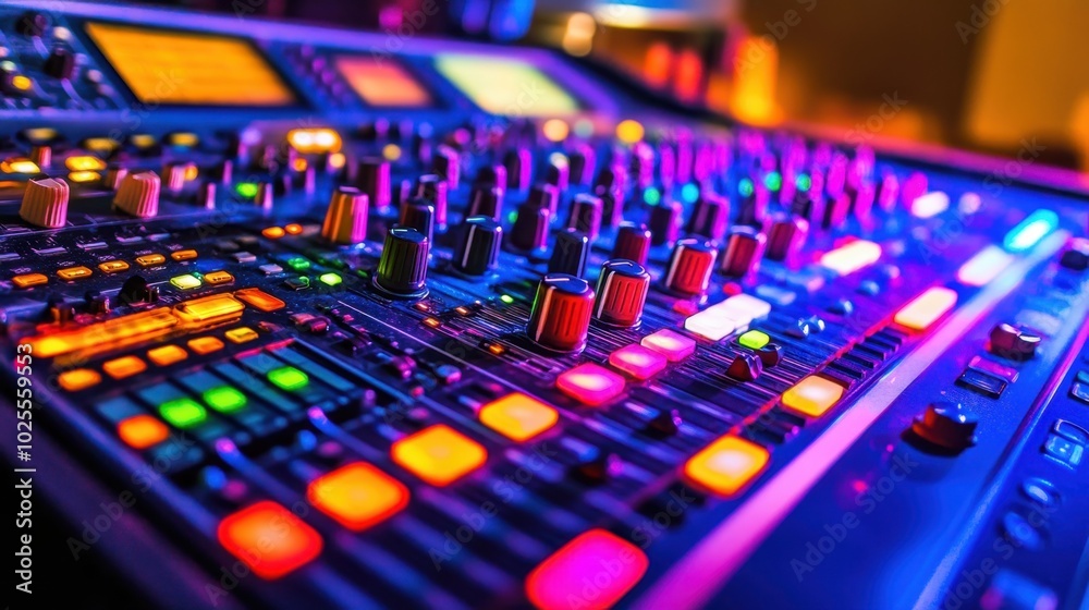 Close-up of a vibrant studio mixing console, lights flashing in rhythm with the music, rows of sliders and buttons creating a high-energy studio scene. Close-up of a vibrant studio mixing console, lights flashing in rhythm with the music, rows of sliders and buttons creating a high-energy studio scene.