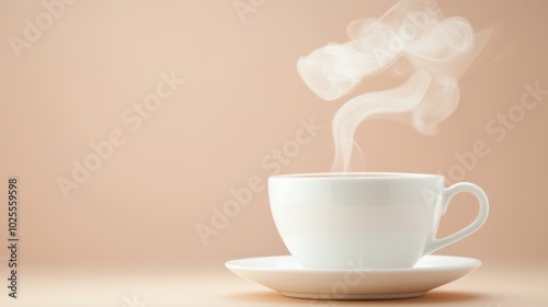 A white coffee cup with steam rising from it