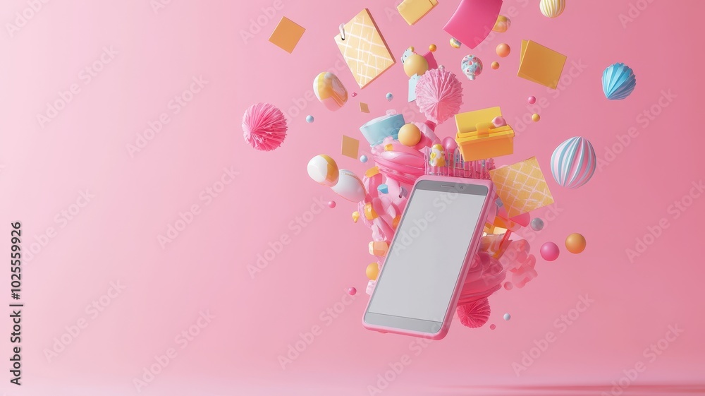 Abstract 3D model of a smartphone with exploding icons of shopping, discounts and digital payment solutions, pastel theme Abstract 3D model of a smartphone with exploding icons of shopping, discounts and digital payment solutions, pastel theme