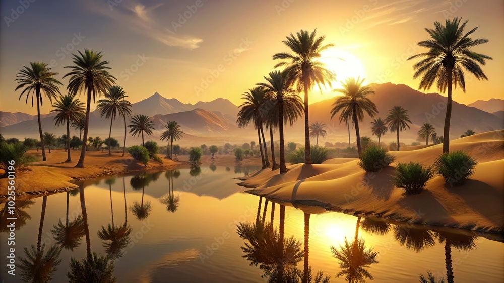 Obraz premium Desert oasis with palm trees and mountains silhouette