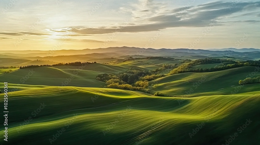 Obraz premium A vibrant sunrise over rolling hills and green fields, with soft clouds scattered across the sky.