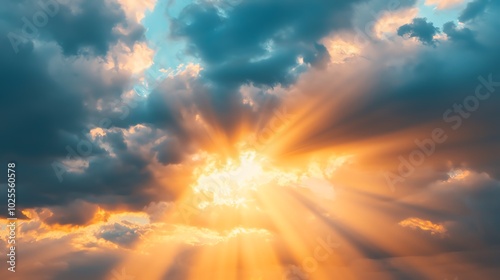 Golden rays of sunlight breaking through storm clouds, wideangle, dramatic contrast, nature s power