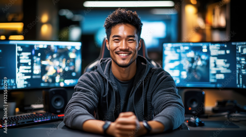 joyful Asian gamer celebrating success in front of dual monitors, showcasing vibrant gaming setup. His smile reflects excitement of victory in gaming world joyful Asian gamer celebrating success in front of dual monitors, showcasing vibrant gaming setup. His smile reflects excitement of victory in gaming world