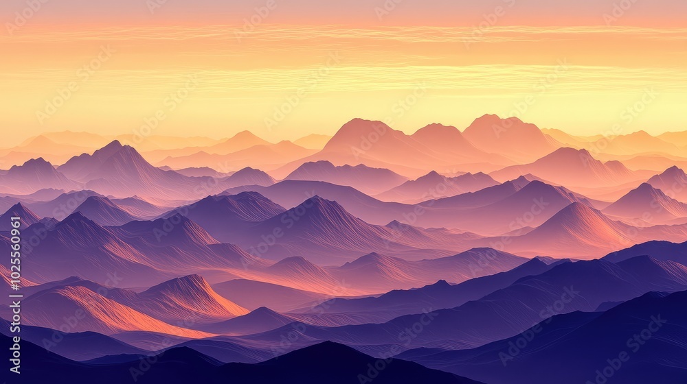 A panoramic view of a desert valley at dawn, with layers of mountains and dunes illuminated by the soft early morning light A panoramic view of a desert valley at dawn, with layers of mountains and dunes illuminated by the soft early morning light