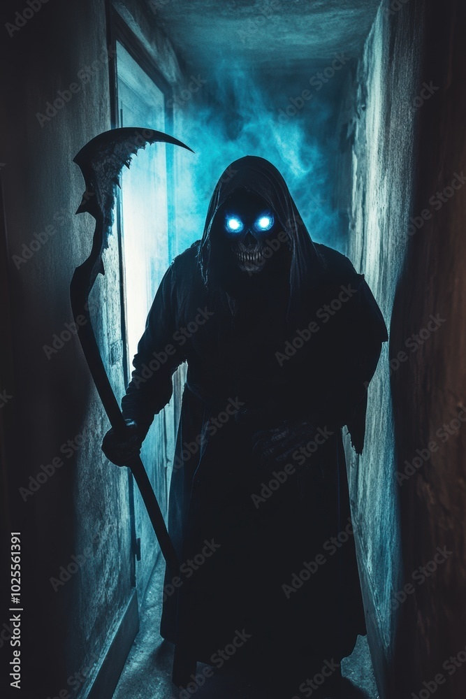Grim reaper with scythe in a dark room. Halloween theme poster. Grim reaper with scythe in a dark room. Halloween theme poster.