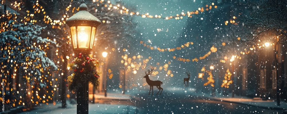 Naklejka premium Lamp post street poster for the holidays, featuring Christmas deer lights and snow.