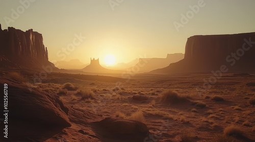 A quiet desert scene at dawn, with rock formations slowly becoming visible as the sun breaks through the horizon