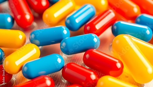 Colorful capsules scattered on a surface, a close up view of pharmaceutical tablets.