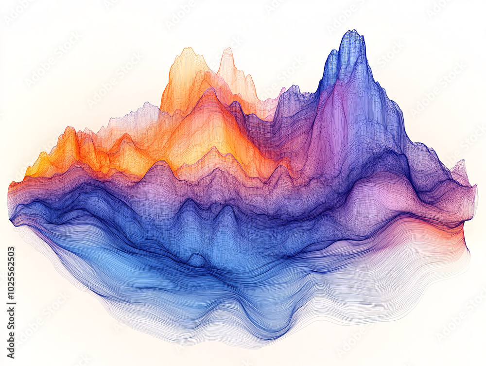 a mountain range with a river flowing through it, painted in shades of orange, blue, and purple. a mountain range with a river flowing through it, painted in shades of orange, blue, and purple.