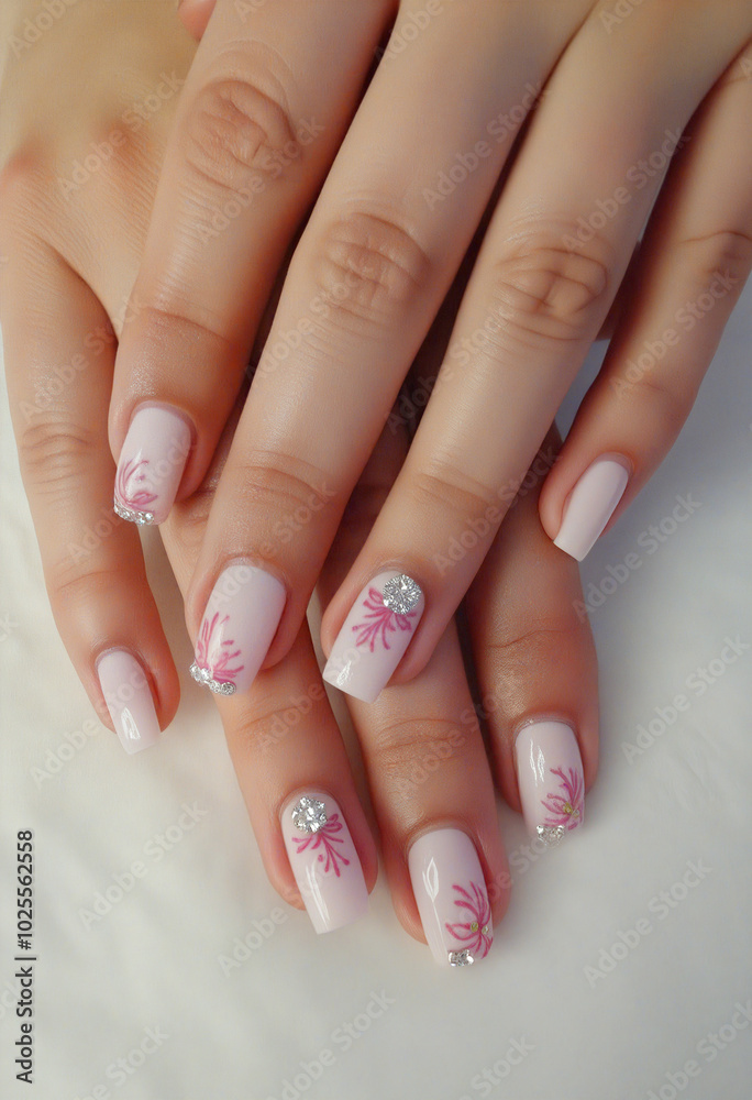 Woman showing her pink floral manicure with rhinestones Woman showing her pink floral manicure with rhinestones