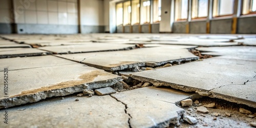 Destroyed concrete flooring with tiled surface due to subsidence of the base soil close-up photo