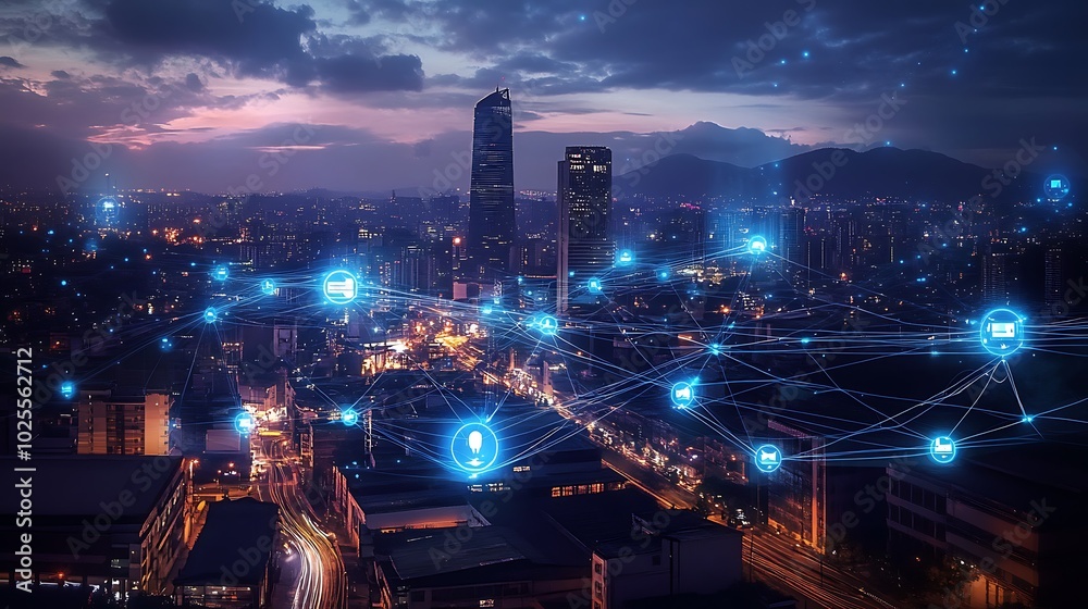Fototapeta premium Smart City Network Illuminated by Technology