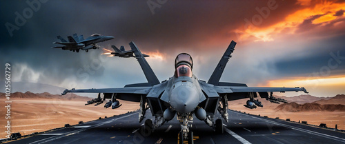 F/a-18e super hornet standing on aircraft carrier with others taking off at sunset