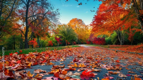 A Winding Path Through Autumnal Trees with Fallen Leaves