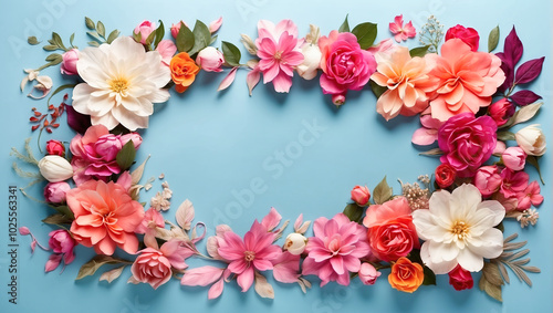 Wallpaper Mural An elegant oval-shaped floral arrangement on a blue background with roses and peonies in various colors Torontodigital.ca