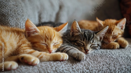 cute little kitten cats sleeping together on a sofa
