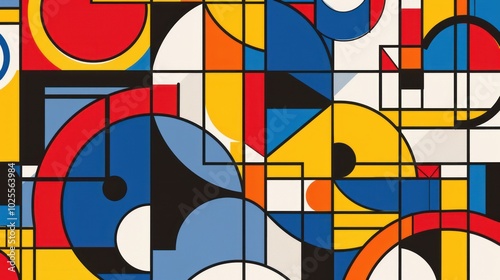 Abstract Geometric Composition with Primary Colors and Curved Shapes