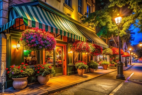 Entrance of Bills Cafe in San Jose California at Sunrise with Awning, Parking, and Flowers in the Alameda