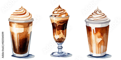 Watercolor set of a caramel latte macchiato in glass isolated on white background. Vector illustrations drawing by hand for for menu, banner, web, background, card and over