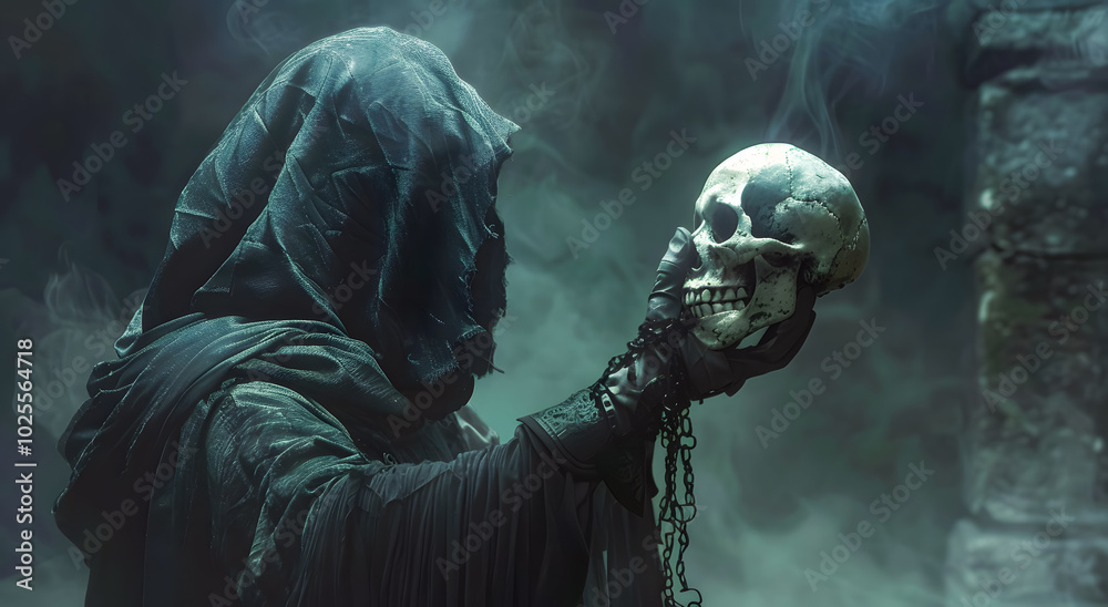 Hooded figure holds a skull in a dark, dead angels evoking mystery and dread. Dark cloak and eerie shadows create a chilling Halloween atmosphere, perfect for horror or fantasy themes Hooded figure holds a skull in a dark, dead angels evoking mystery and dread. Dark cloak and eerie shadows create a chilling Halloween atmosphere, perfect for horror or fantasy themes