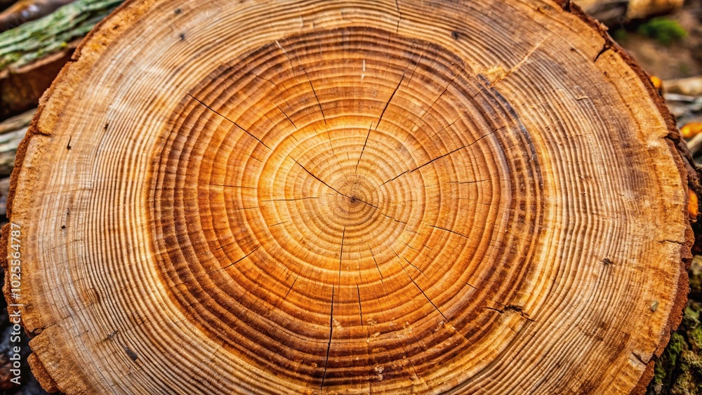 Fototapeta premium Detailed texture of a felled tree trunk or stump with organic tree rings and end grain