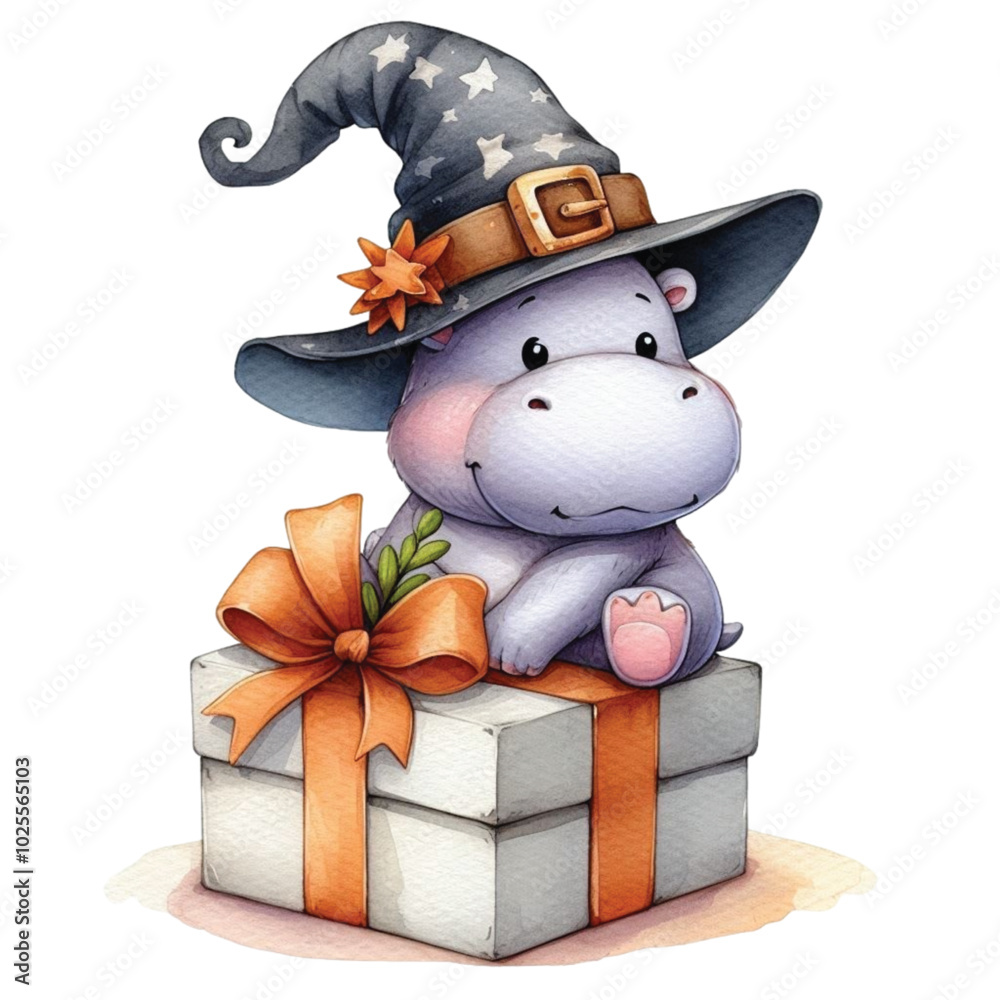 Naklejka premium Cute hippopotamus with Christmas clipart watercolor