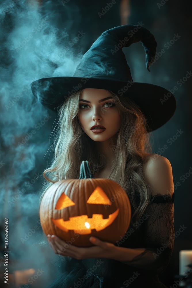 portrait of a witch in costume with pumpkins. portrait of a witch in costume with pumpkins.