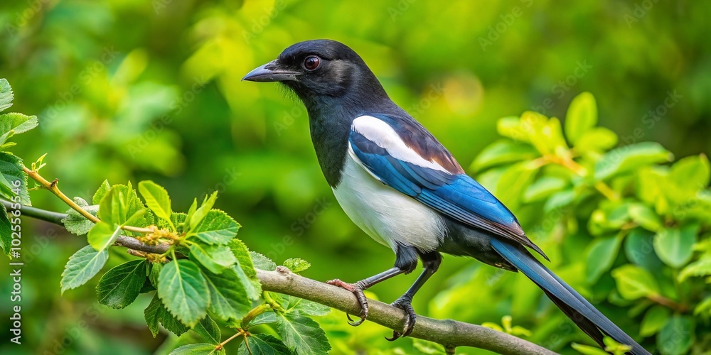 European Magpie Perched on a Branch with Vibrant Green Foliage in a Natural Outdoor Setting European Magpie Perched on a Branch with Vibrant Green Foliage in a Natural Outdoor Setting