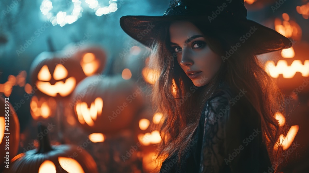 Beautiful witch with pumpkin. Halloween theme. Beautiful witch with pumpkin. Halloween theme.