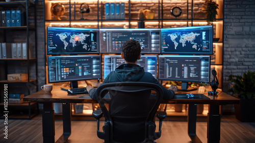 person working at desk with multiple monitors displaying data and maps, creating focused and high tech atmosphere. room is well lit with modern design