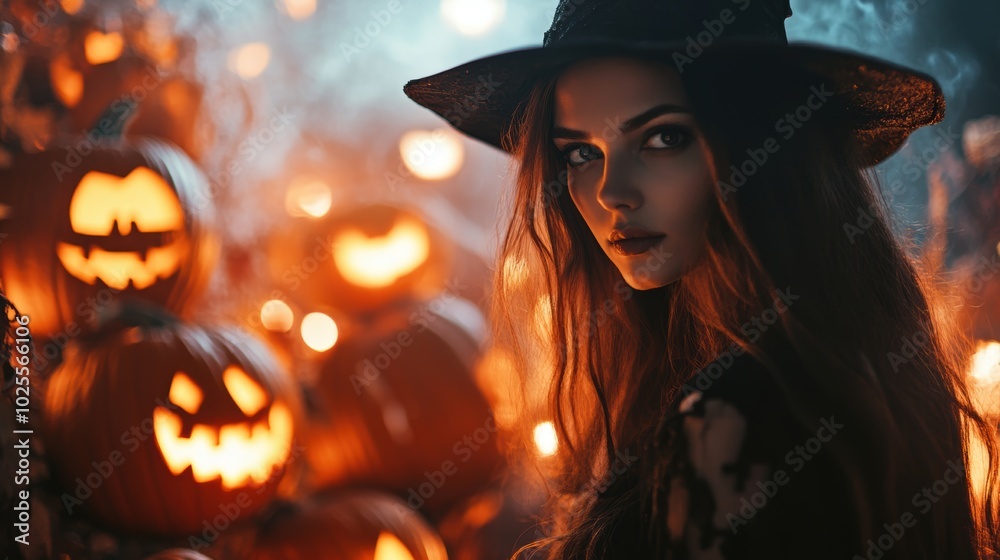 Beautiful witch with pumpkin. Halloween theme. Beautiful witch with pumpkin. Halloween theme.