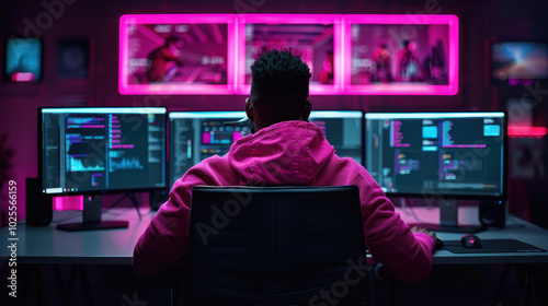 Wallpaper Mural person working at computer desk surrounded by multiple monitors displaying colorful code and graphics, illuminated by vibrant pink LED lights, creating modern tech atmosphere Torontodigital.ca