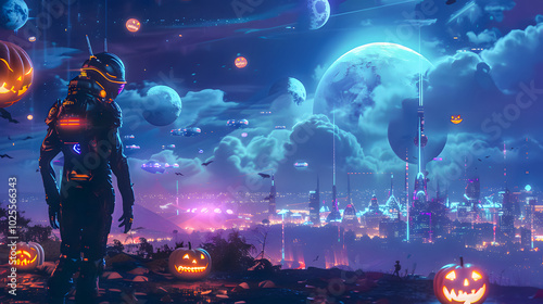 Spooky Halloween future cityscape under a bright full moon. Glowing pumpkins, haunted houses, and bats fill the night with an eerie, magical vibe