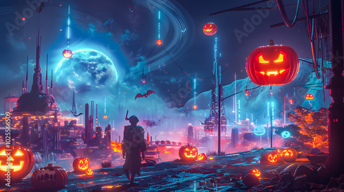 Spooky Halloween future cityscape under a bright full moon. Glowing pumpkins, haunted houses, and bats fill the night with an eerie, magical vibe